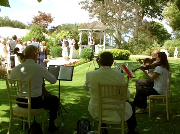 View from behind string quartet looking to bride and groom in garden
