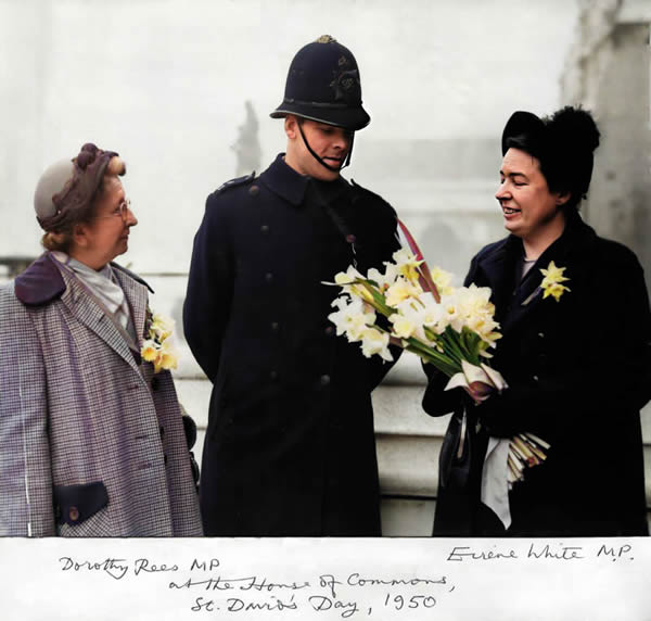Dorothy Rees MP, a policeman, and Eirene White MP at the House of Commons on St David's Day, 1950